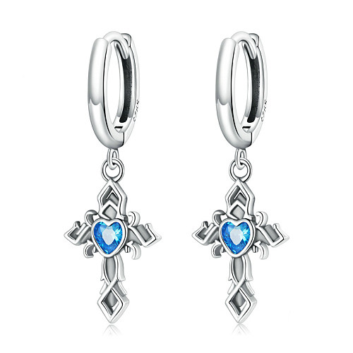 Boucles d'oreilles créoles vintage en forme de croix et de cœur en zircone bleue