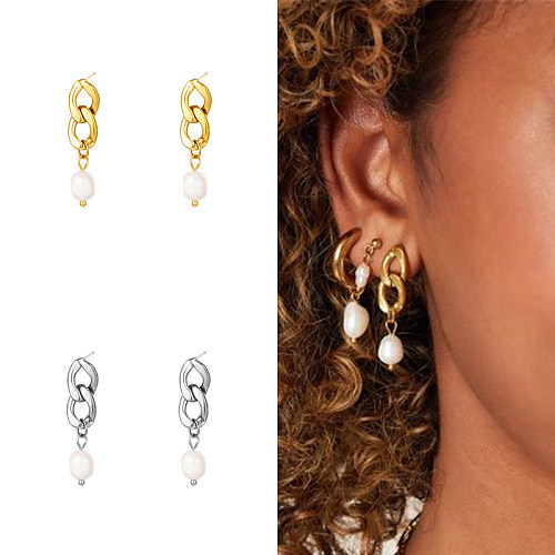 Sterling Silver Pearl Chain Stud Earrings