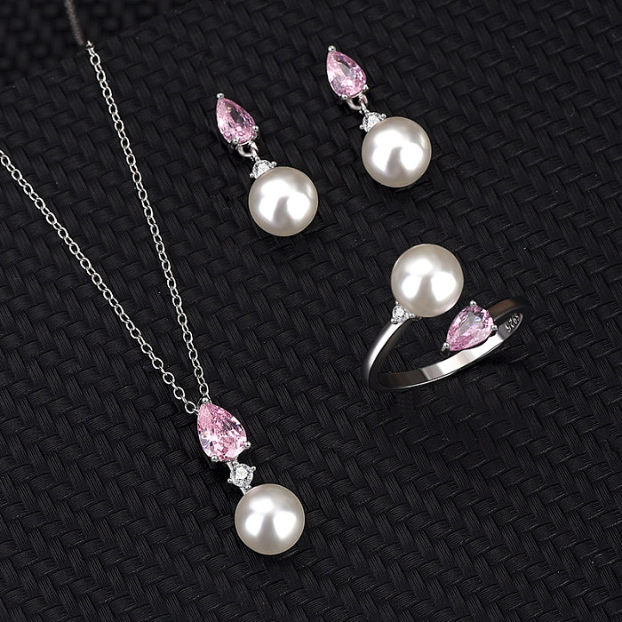 Cubic Zirconia Pearl Pendant Necklace Stud Earring Ring Set