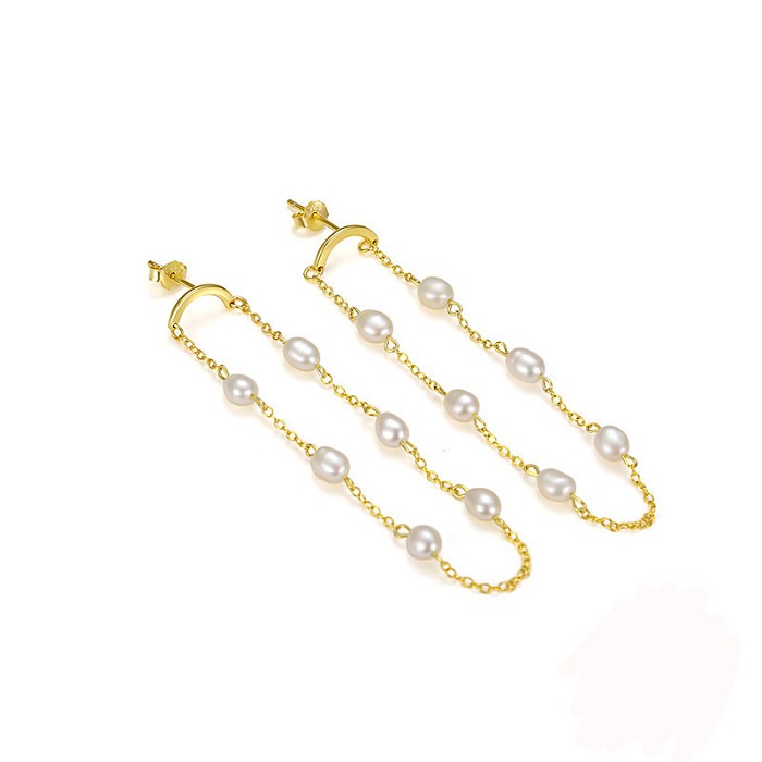 Sterling Silver Pearl Tassel Chain Stud Earring