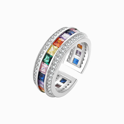 Anéis abertos luxuosos de zircônia quadrada arco-íris