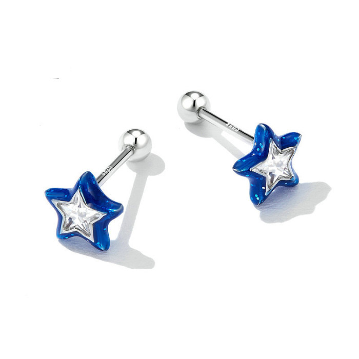 Enamel Blue Star Zirconia Screw Back Earrings