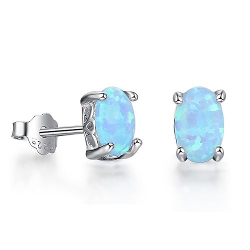 Blue Oval Opal Stud Earring