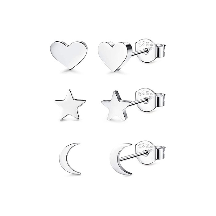 Conjuntos de aretes con forma de corazón, estrella y luna de plata de ley