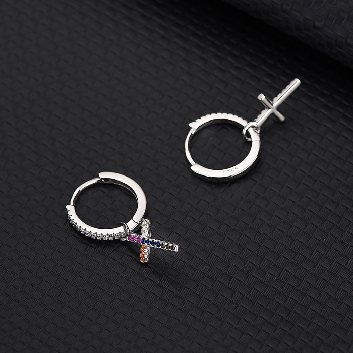 Silver Cubic Zirconia Cross Hoop Earring