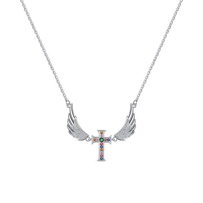 Rainbow Zirconia Wing Cross Pendant Necklaces