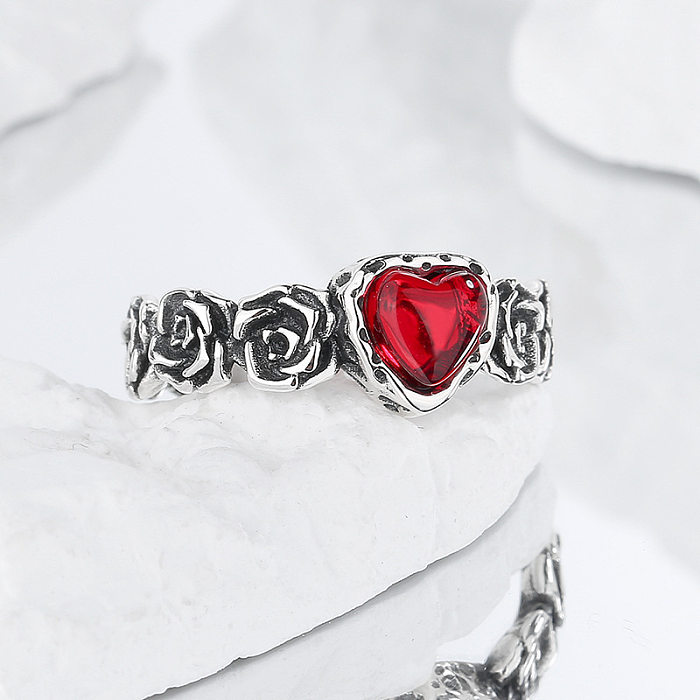 Engraved Rose Zirconia Heart Open Rings