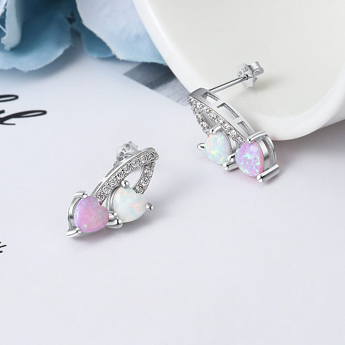 Zirconia Hearts Opal Stud Earring