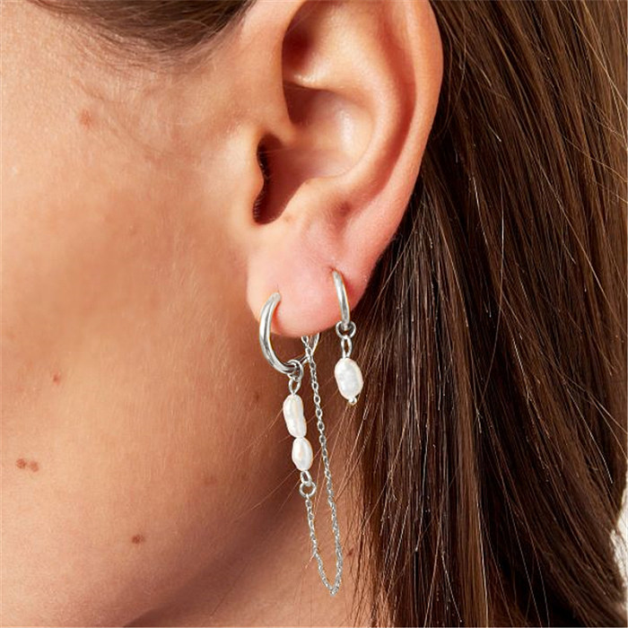 Sterling Silver Pearl Tassel Stud Earrings