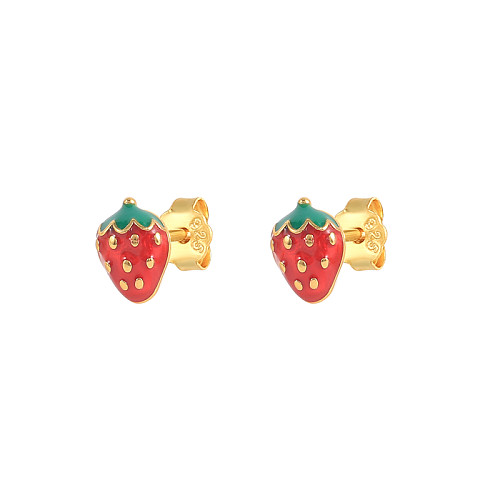 Boucles d'oreilles à tige en forme de fruit et de fraise pour enfants, en argent