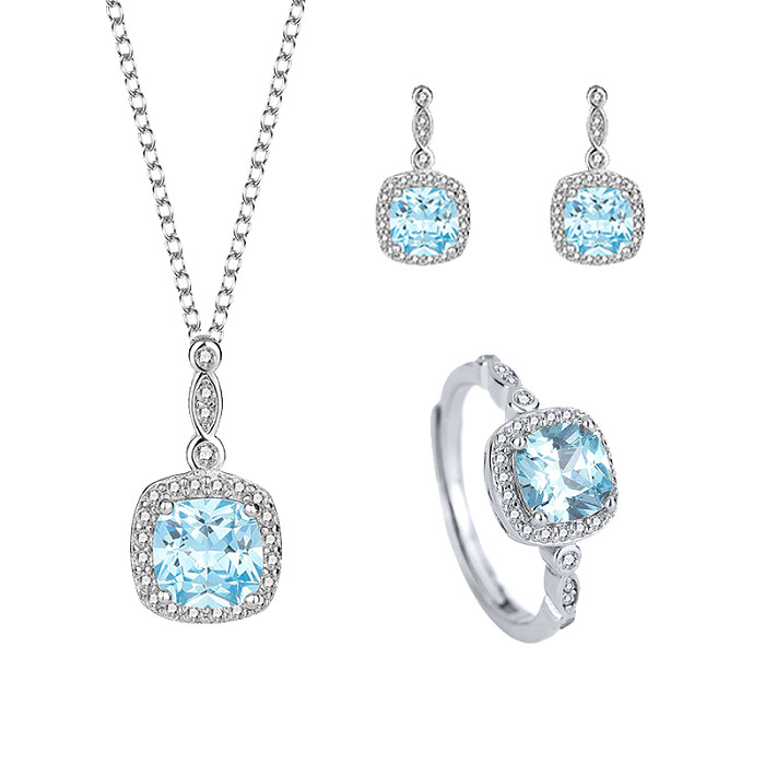 Cubic Zirconia Square Pendant Necklace Stud Earring Ring Set