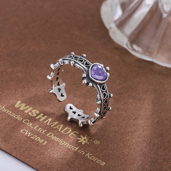 Vintage Violet Heart Crown Zirconia Open Rings