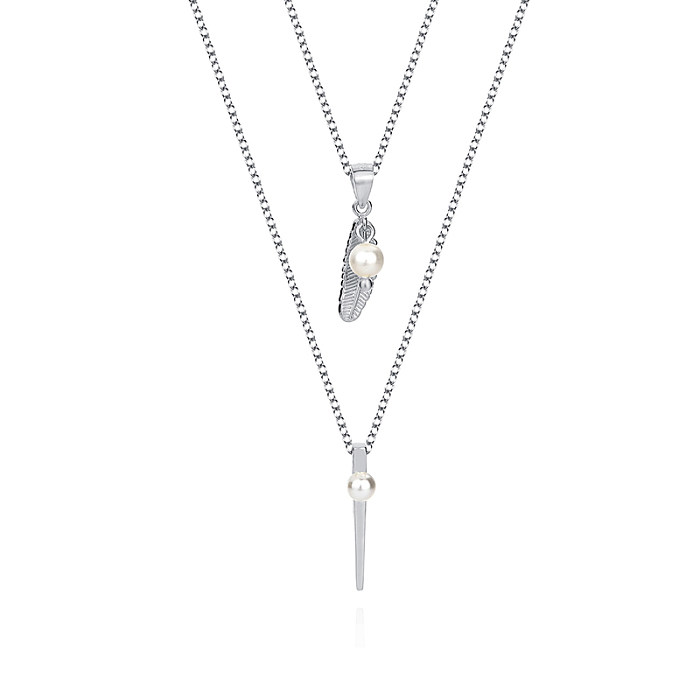 Sterling Silver Feather Pearl Layered Neckalce