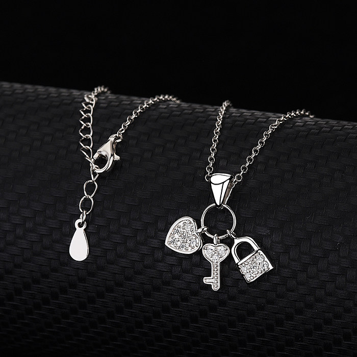 Silver Cubic Zirconia Lock Key Heart Necklace