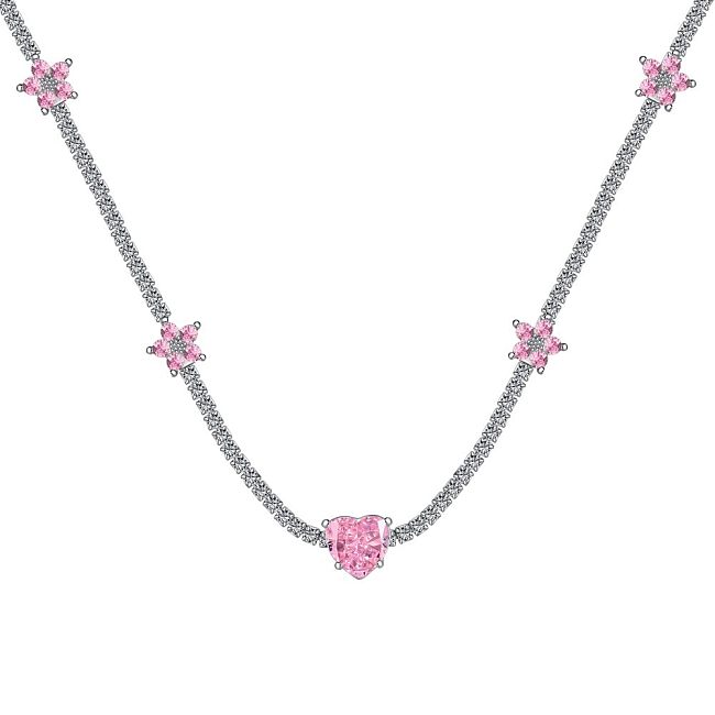 A Zirconia Flower Heart Pendant Tennis Necklace