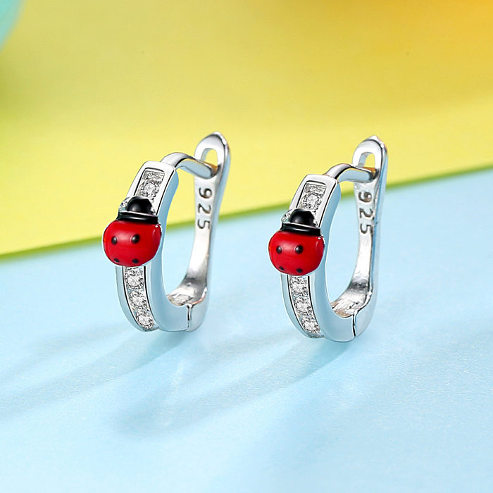 Kids Silver Ladybug Zirconia Hoop Earrings