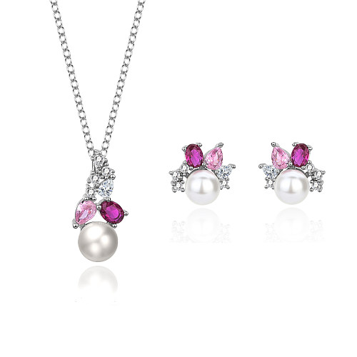 Cubic Zirconia Pearl Pendant Necklace Stud Earring Set