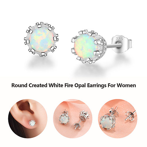 mm White Round Opal Stud Earring