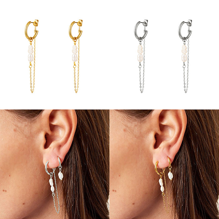 Sterling Silver Pearl Tassel Stud Earrings