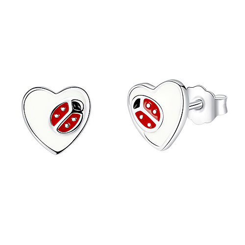 Kids Silver Ladybug Heart Stud Earrings