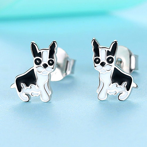 Kids Silver Black Puppy Stud Earrings