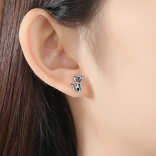 Kids Silver Black Cat Kitty Stud Earrings
