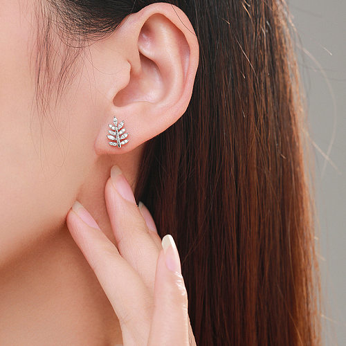 Sterling Silver Zirconia Leaf Stud Earrings