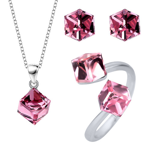 Austrian Crystals Cube Pendant Necklace Stud Earring Ring Set