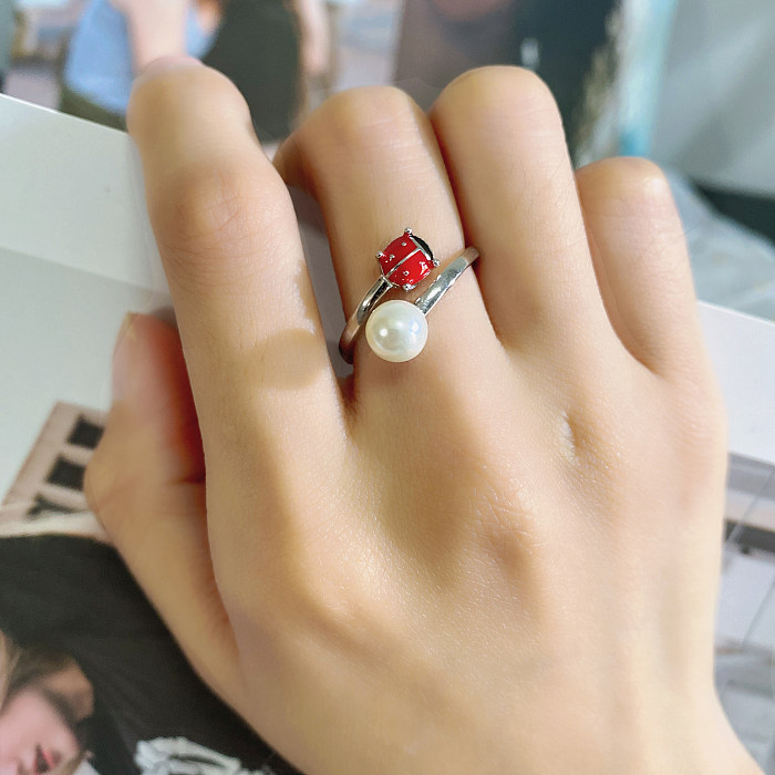 Silver Cubic Zirconia Pearl Ladybug Ring