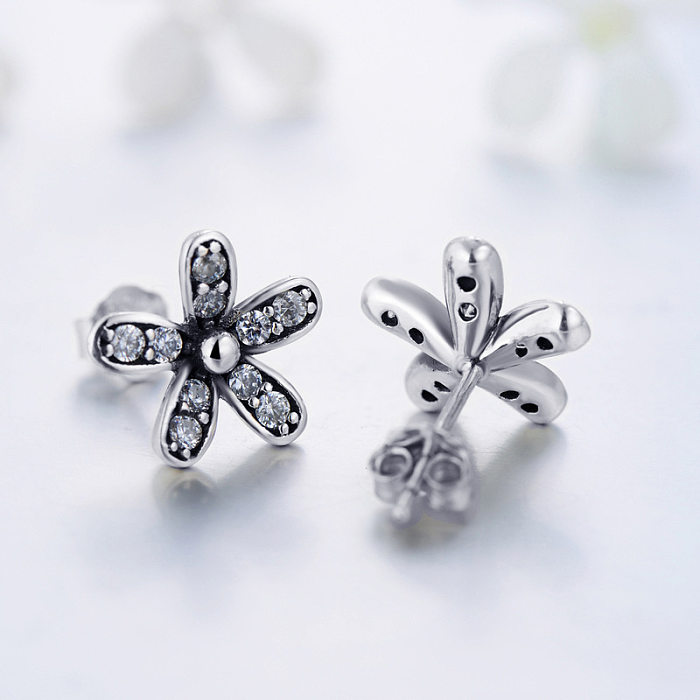Sterling Silver Zirconia Flowers Stud Earrings