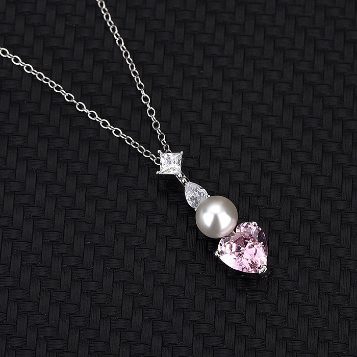 Cubic Zirconia Love Heart Pearl Pendant Necklace