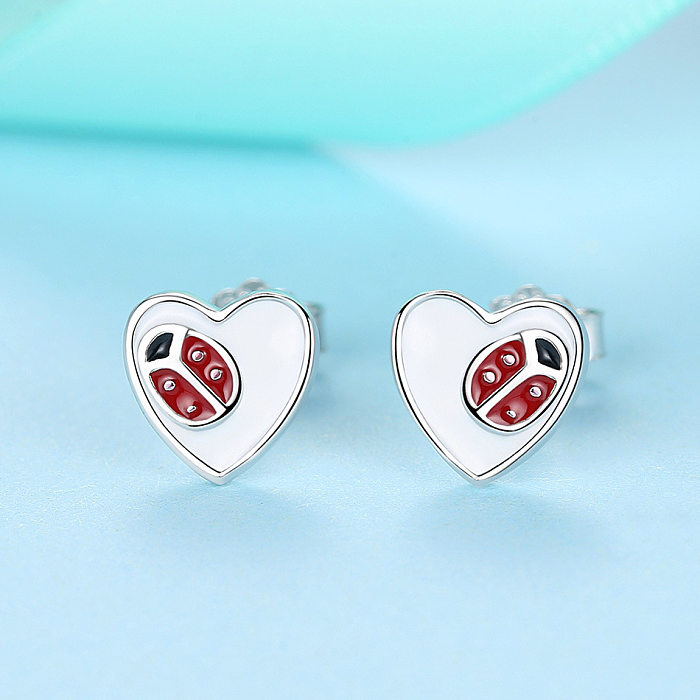 Kids Silver Ladybug Heart Stud Earrings