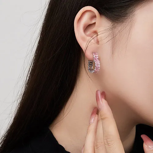 Pink Zirconia Heart Stud Hoop Earring