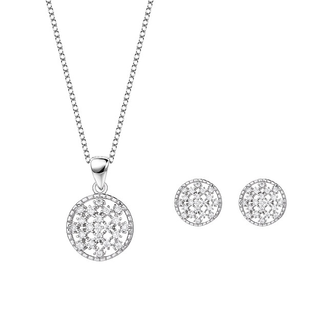 Silver Cubic Zirconia Circle Earring Necklace Set