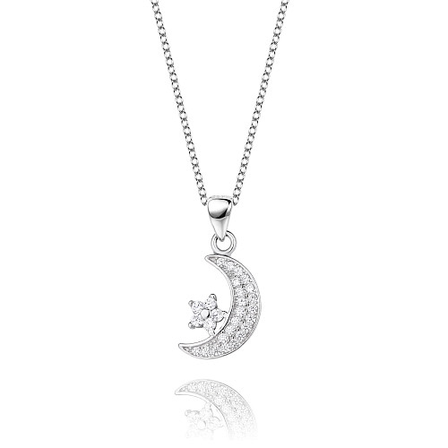 Silver Cubic Zirconia Star Moon Necklace