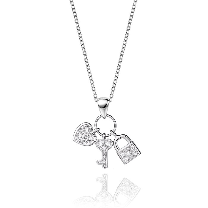 Silberne Herz-Halskette mit Zirkonia-Schloss und Schlüssel