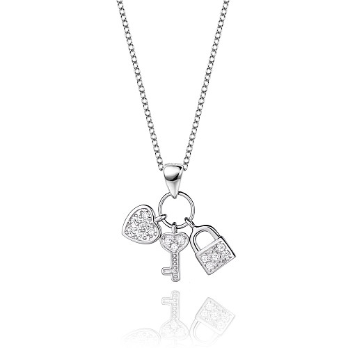 Silver Cubic Zirconia Lock Key Heart Necklace