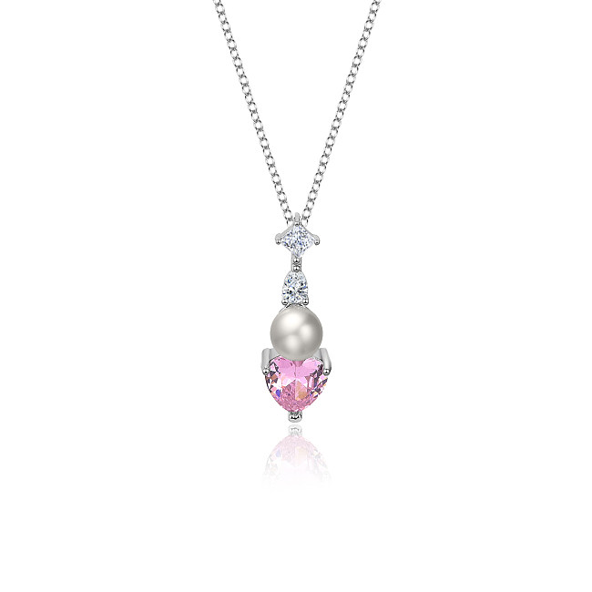 Cubic Zirconia Love Heart Pearl Pendant Necklace