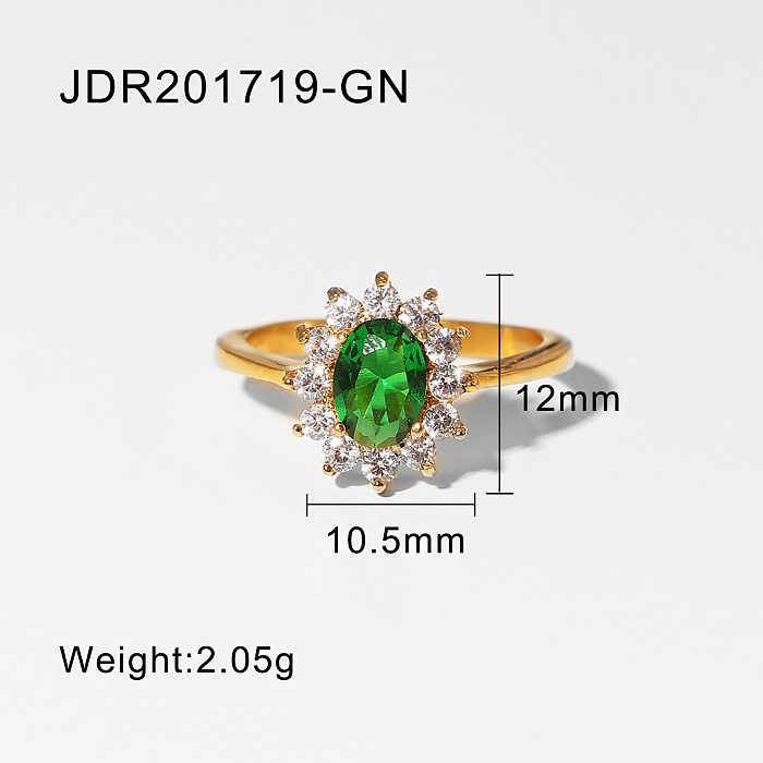 Fashion 18K Gold-Plated Thick Stainless Steel Oval Color Zircon Ring