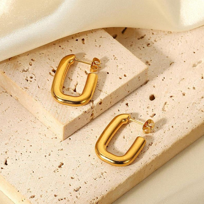 Einfache, einfarbige, quadratische U-förmige Ohrringe mit Titanstahlbeschichtung und 18-karätigem Gold