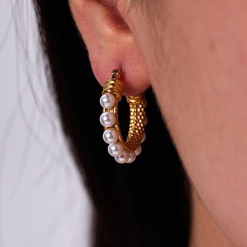 Boucles d'oreilles rondes en acier inoxydable, Style Simple, incrustation de perles, 1 paire