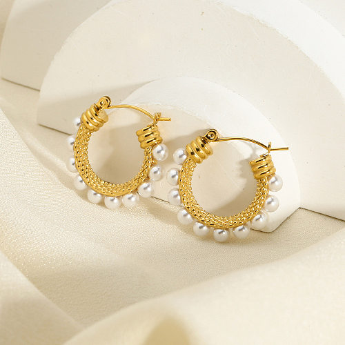 Simple Style Circle Stainless Steel Plating Inlay Pearl Earrings 1 Pair