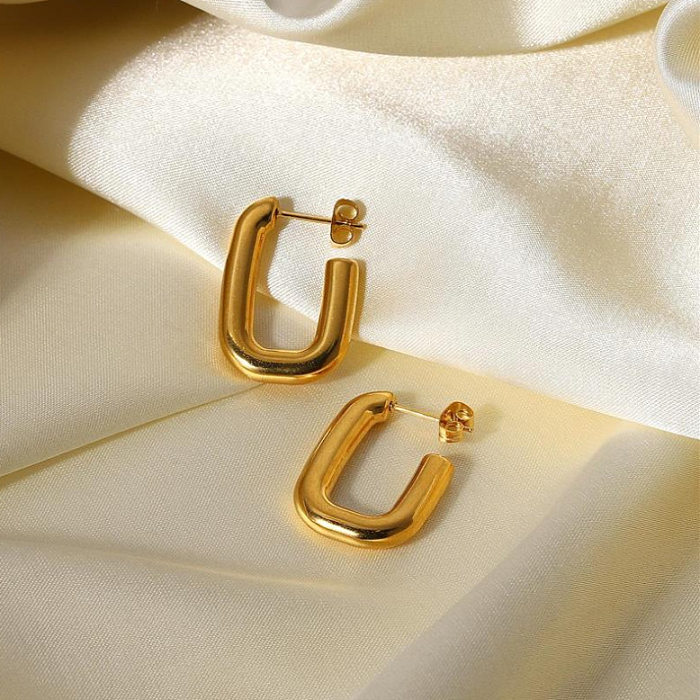 Einfache, einfarbige, quadratische U-förmige Ohrringe mit Titanstahlbeschichtung und 18-karätigem Gold