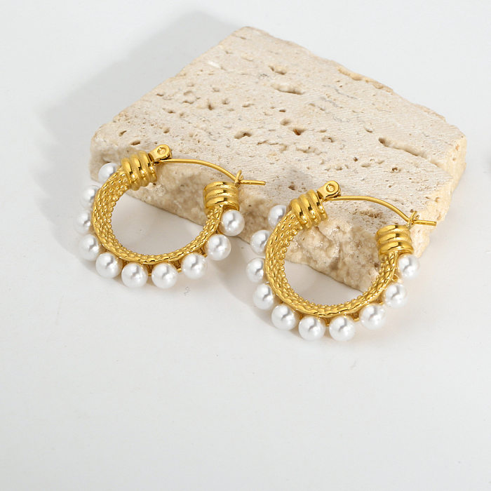 Boucles d'oreilles rondes en acier inoxydable, Style Simple, incrustation de perles, 1 paire