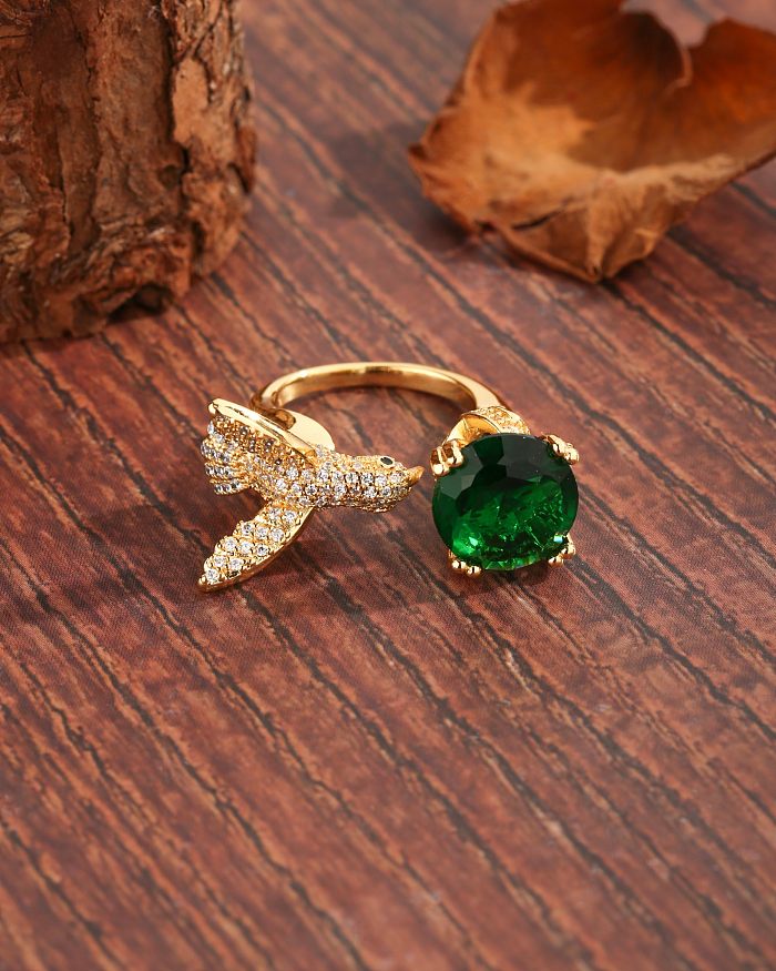 Vintage Style Exaggerated Luxurious Animal Bird Copper Plating Inlay Zircon 18K Gold Plated Open Rings