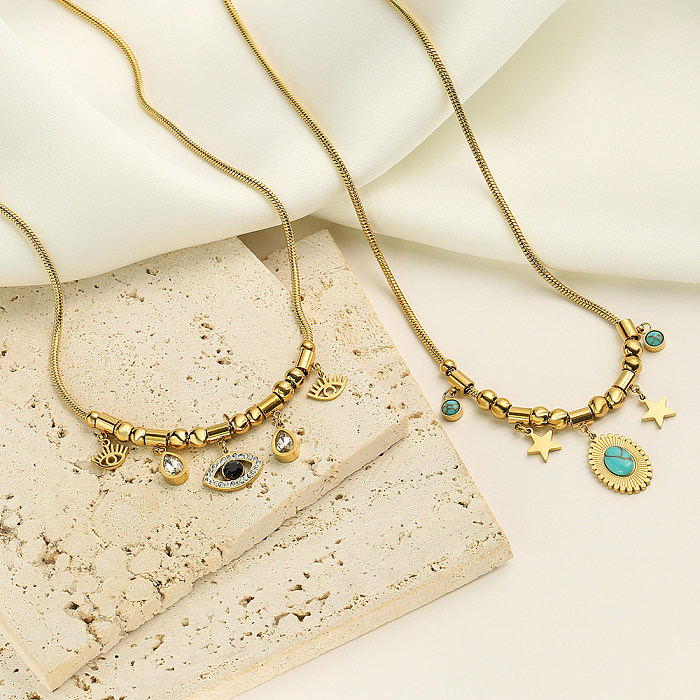 1 pieza de collar con colgante chapado en oro de 18 quilates con circonita turquesa con incrustaciones de cobre y ojo de estrella Retro
