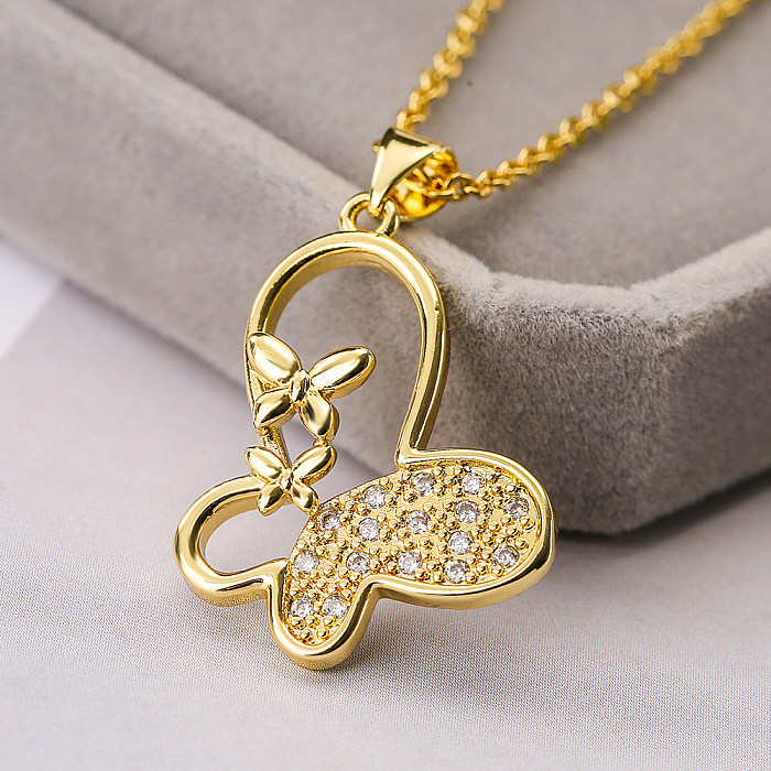 Simple Style Commute Butterfly Copper 18K Gold Plated Zircon Pendant Necklace In Bulk