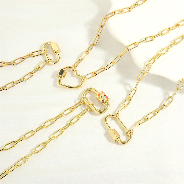 Hip-Hop Vintage Style Oval Heart Shape Copper Enamel Plating 18K Gold Plated Pendant Necklace