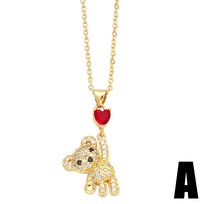 INS Style Little Bear Wreath Copper Plating Inlay Zircon 18K Gold Plated Pendant Necklace