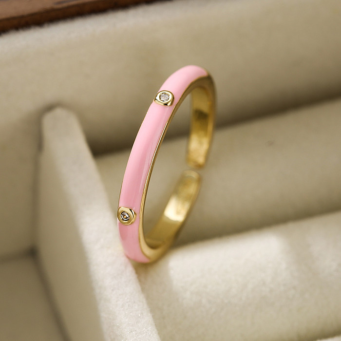 Simple Style Round Copper Enamel Plating Inlay Zircon 18K Gold Plated Open Ring